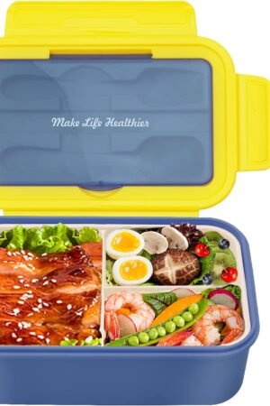 Bento Box | 1400ml | 3 Compartments and Cutlery- Yellow-Blue