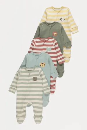 Safari Animal Zip Sleepsuits 5 Pack