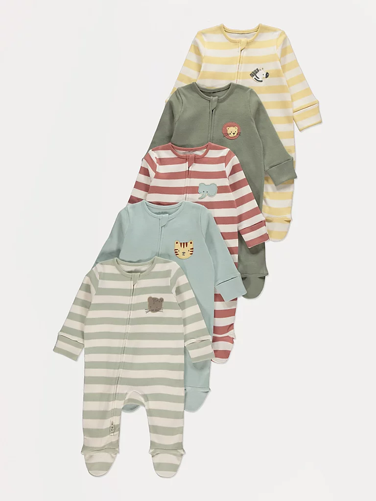 Safari Animal Zip Sleepsuits 5 Pack
