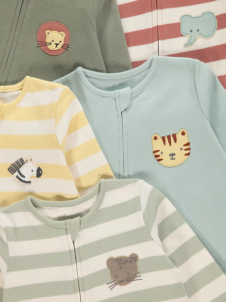 Safari Animal Zip Sleepsuits 5 Pack - Image 2