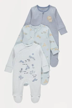 Blue Safari Animal Sleepsuits 3 Pack