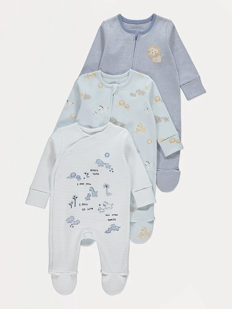 Blue Safari Animal Sleepsuits 3 Pack
